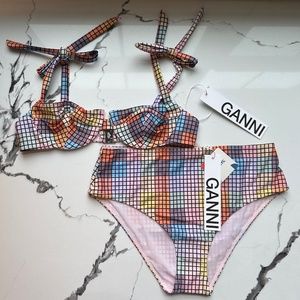 Ganni Checkered Bikini - Underwire Top & High-Waisted Bottom - Size US 4 (EU 36)